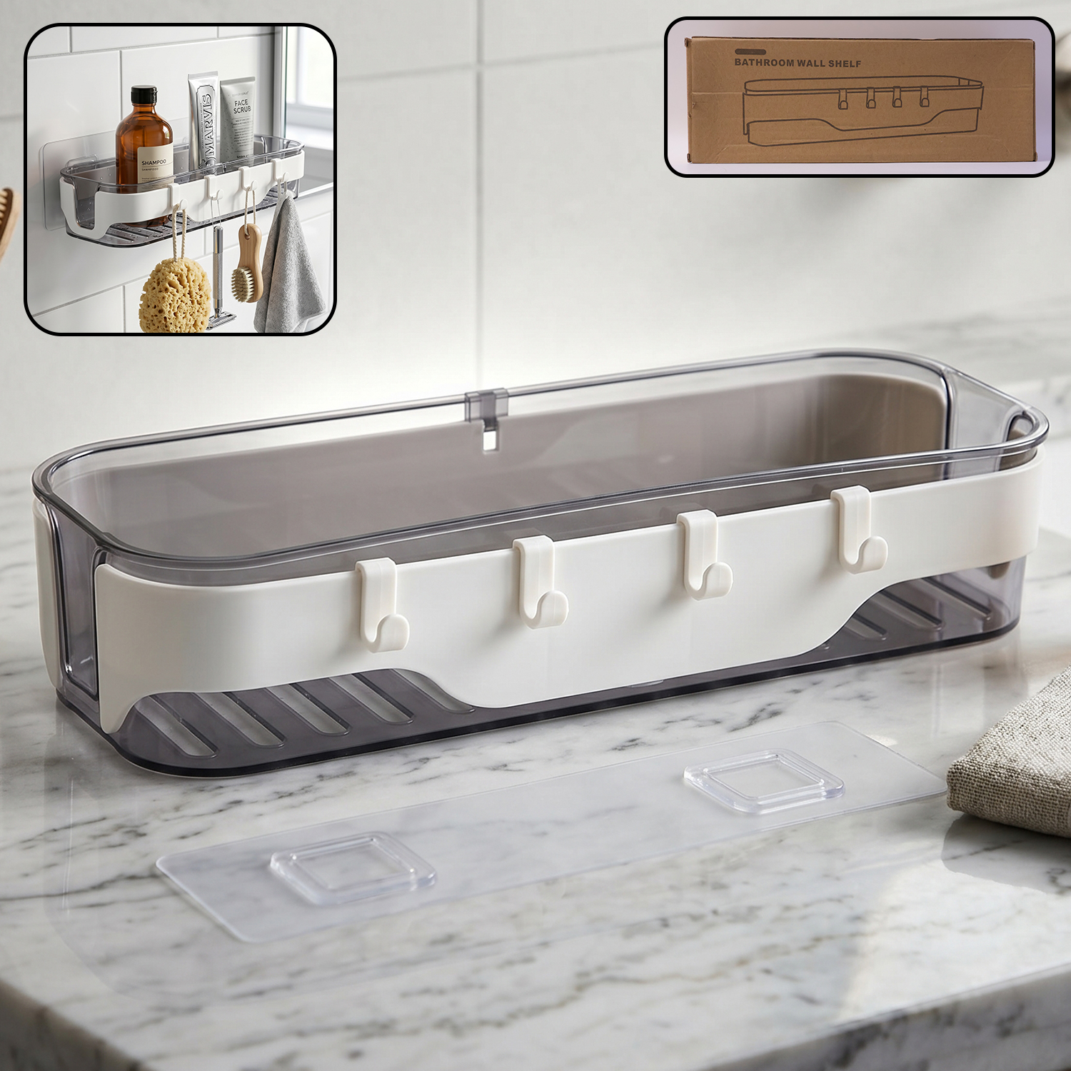 Stylish Bathroom Wall Shelf 1 Pc Multi-purpose Storage Organizer With Hooks